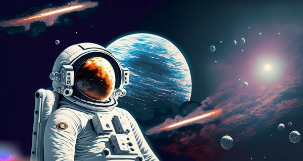 Astronaut looking towards the stars with planets in the background