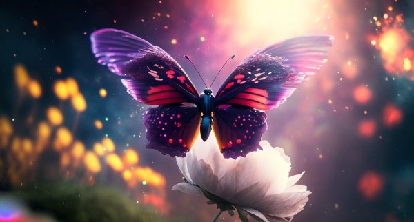 Butterfly flying on a flower in space