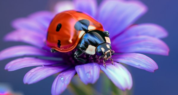 Ladybug on a flower with blue and purple background