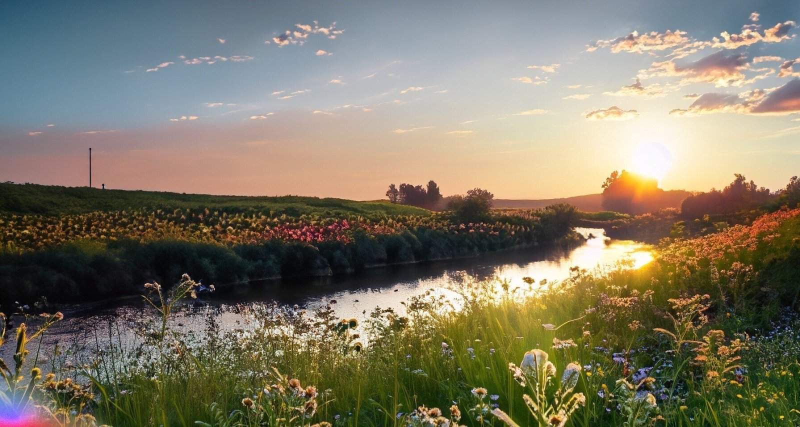 meadow with a river and flowers and the sun setting