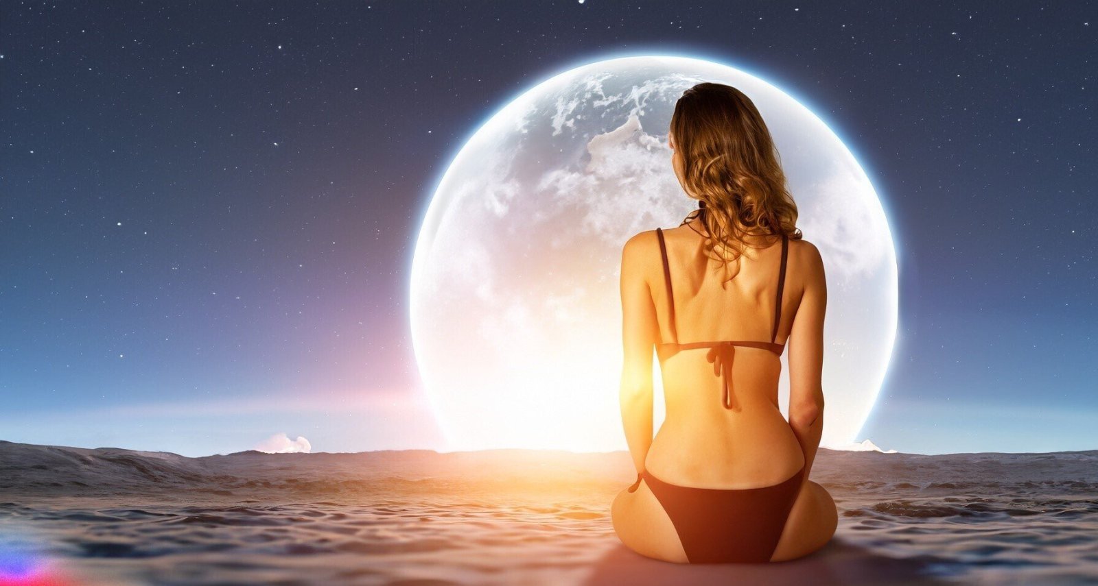 woman in swimsuit sitting on the moon watching the sun going down behind earth