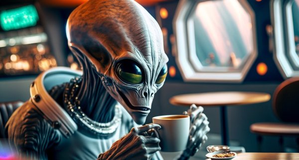 alien drinking coffee in the cafeteria of a spaceship