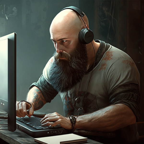 man with great beard and bald head playing games