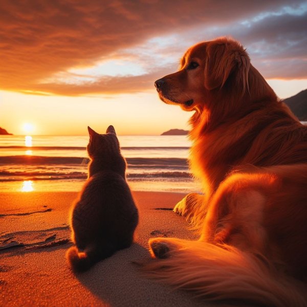 Cat and Dog Watching the Sunset